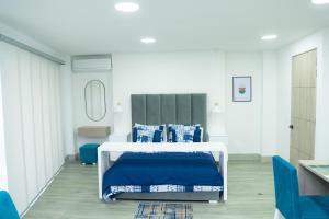 卡利Aparta suite tequendama的一间卧室配有白色床和蓝色枕头