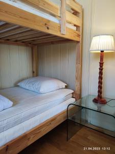 利勒哈默尔Nordgards Hagen的一间卧室配有一张双层床、一盏灯和一张玻璃桌