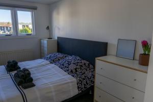 安卢Luxe Chalet Strubben-Kniphorstbos Anloo的一间卧室配有一张床、一个梳妆台和一扇窗户。