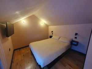 ElgolStunning 1-Bed tiny home in Isle of Skye的卧室配有白色的床和平面电视。