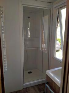 瓦尔拉普拉日Mobil-home Les Locs Danous的水槽旁的玻璃门淋浴