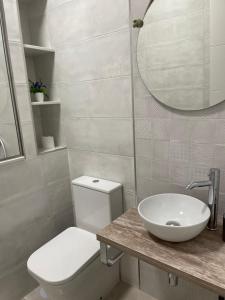 莫拉尔岛Casa Yate的一间带水槽、卫生间和镜子的浴室