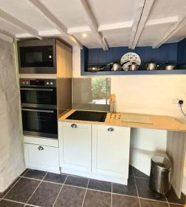 牛顿阿伯特Mill Cottage Garden Annexe的厨房配有白色橱柜和台面