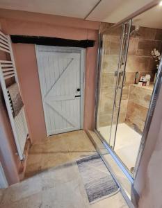 牛顿阿伯特Mill Cottage Garden Annexe的浴室设有白色门和步入式淋浴间。