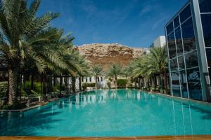 艾恩Alberni Jabal Hafeet Hotel Al Ain的一座大型游泳池,在一座建筑前种有棕榈树