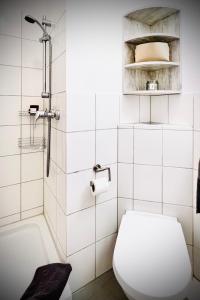 施塔德Das Stader Refugium的白色的浴室设有卫生间和淋浴。