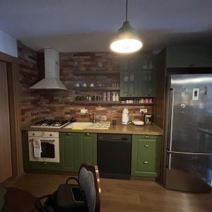 IldırGorkyHouseUrla的厨房配有绿色橱柜和不锈钢冰箱