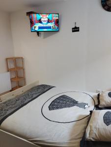迪耶普House of twenty, calme,rue piétonne, proche de la mer, wifi gratuit的卧室配有一张床,墙上配有电视。