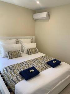 大博格Hanamanabungalow Grand-bourg的一间卧室,床上配有2条蓝色毛巾