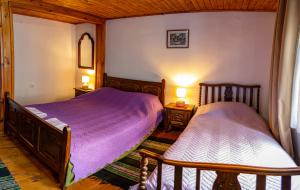 埃伦娜Razsukanova house , Разсукановата къща的一间卧室配有两张带紫色床单和两盏灯的床。