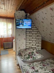 特热比奇Chata Dagmar的卧室配有一张床,墙上配有电视。