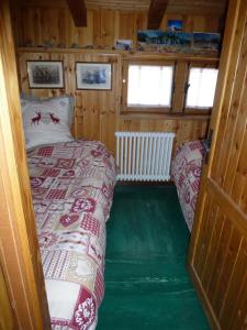 库马约尔Il Refuge CIR 119的一间卧室设有一张床,并铺有绿色地板。