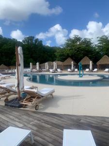 大博格Hanamanabungalow Grand-bourg的度假村内带椅子和遮阳伞的游泳池