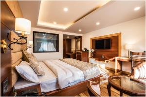 列城The Gawaling ladakh的一间带大床的卧室和一间客厅