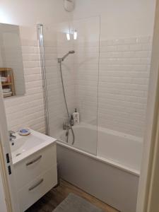 基扬古尔Appartement SQY的带淋浴和盥洗盆的白色浴室