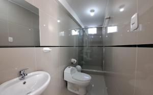 阿雷基帕Hoteles Gutiérrez Mansión的浴室配有卫生间、盥洗盆和淋浴。