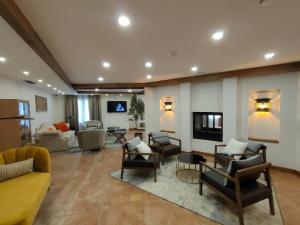 塞尼塞罗4US RIOJA WINE HOTEL的带沙发和椅子的客厅以及壁炉