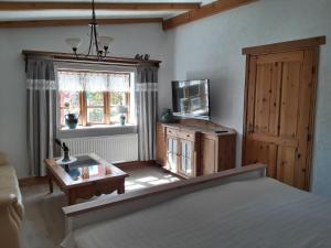 岑平Cottage, Zempin的一间卧室设有一张床、一台电视和一个窗口。