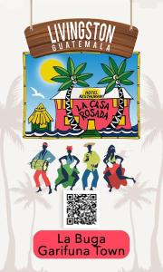 利文斯顿Hotel La Casa Rosada的海滩度假胜地的标志,那里有跳舞的人员和棕榈树
