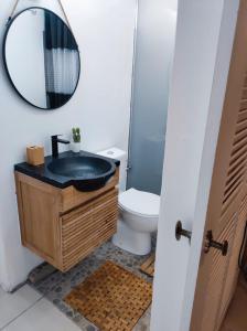 拉特里尼泰Le Moubin的一间带水槽、镜子和卫生间的浴室