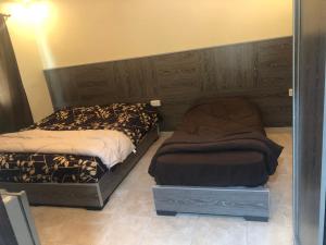 亚喀巴Al Deyafa Hotel的一间卧室配有两张床和镜子