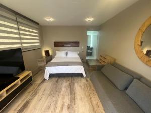 科罗伊科UMA Experience的一间卧室配有一张床和一台平面电视
