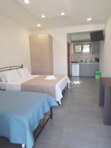 阿利卡纳斯Agia Kiriaki Bungalows的酒店客房带两张床和厨房