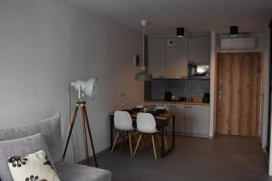 别尔斯克-比亚拉Apartamenty Beskid House的厨房以及带桌椅的起居室。