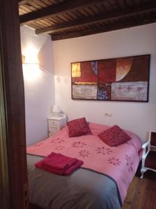 Villanueva del CondeCasa rural Adelaida的一间卧室配有带粉红色床单和红色枕头的床。