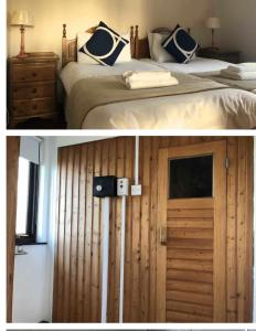 法夫Kilconquhar castle estate villa 7, 4 bed sleeps 10的卧室两张照片,卧室配有一张床和一扇门
