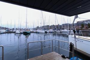 弗伦斯堡Hausboot Fjord Meeresbrise mit Dachterrasse in Flensburg的停靠在码头的一群船