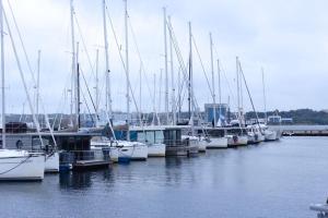 弗伦斯堡Hausboot Fjord Meeresbrise mit Dachterrasse in Flensburg的一群船停靠在水中