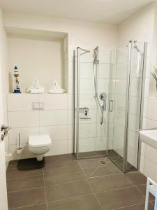 卡珀尔恩Fewo Frida BOW 321的一间带卫生间和玻璃淋浴间的浴室