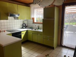 尼特尔Ferienwohnung Moselblick的一间小厨房,配有绿色橱柜和冰箱