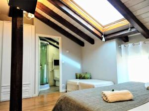 Salinas de Añana卡萨马德拉萨尔乡村别墅的一间带两张床的卧室和一间带天窗的浴室