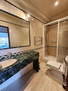 阿尔马达Cozy Apartment in central Almada w Swing Chairs的一间带水槽、卫生间和镜子的浴室