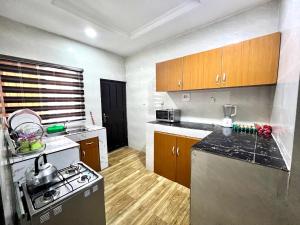 拉各斯CampDavid Luxury Apartments Ajao Estate Airport Road Lagos 0 8 1 4 0 0 1 3 1 2 5的厨房配有炉灶和台面