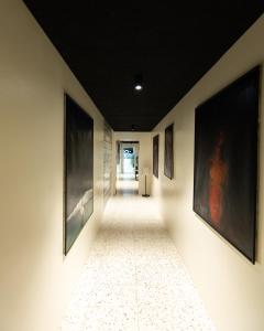 博尔扎诺Pepper Lounge & Suite的墙上挂有绘画的走廊