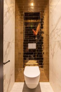 赞丹Monument Hotel的一间带卫生间和砖墙的浴室