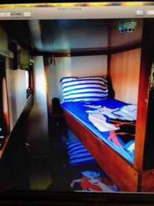斯图加特Schiff AHOY, Hotelschiff, Hausboot, Boot, Passagierschiff的一间卧室配有带蓝色床单的双层床