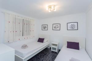 波多黎各Lightbooking Amadores Beach La Concha的配有白色墙壁和紫色枕头的客房内的两张床