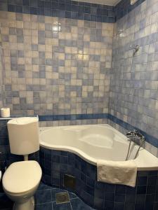 科佩尔穆赛慕旅舍的蓝色瓷砖浴室设有卫生间和浴缸