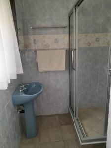哈拉雷2 bedroomed apartment with en-suite and kitchenette - 2068的浴室配有蓝色水槽和淋浴。