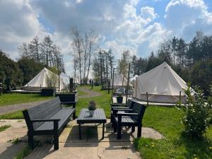 BlesdijkeGlamplodge met privé sanitair的野外野餐桌和帐篷