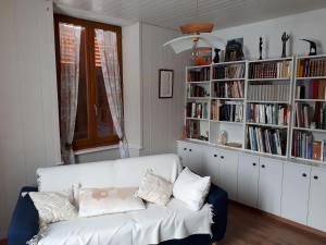 福龙河畔拉罗什Appartement La Roche sur Foron的客厅配有白色沙发和书架