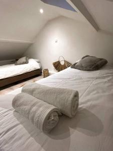 蒂尔堡Gezellig appartement, Gerenoveerd eind 2022的一间卧室配有两张带毛巾的床