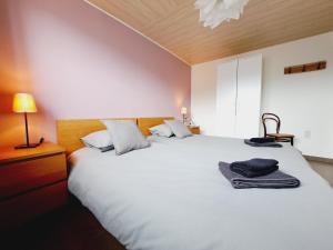胡法利兹Au Pachis - Maison de vacances Houffalize的一间卧室设有两张大白色的床和一盏灯