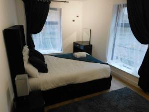 曼彻斯特2 Bed Modern Apartment Manchester City Centre的一间卧室设有一张床和两个窗户。