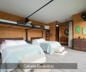 拉维加Magma "Eco Hotel Cabañas"的一间带两张床的卧室和一间浴室