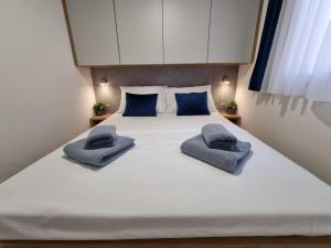德拉格Premium mobile home SUN & JOY - Oaza Mira Camping的一张带两个蓝色枕头的大白色床